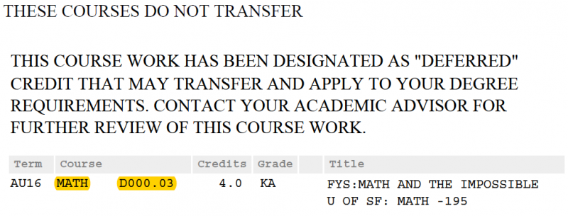 Math Transfer Credit - These Courses Do Not Transfer