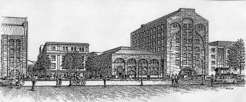 Architectural sketch of Mathematics Tower and environs