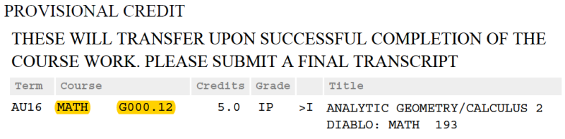 Math Transfer Credit - Provisional Credit