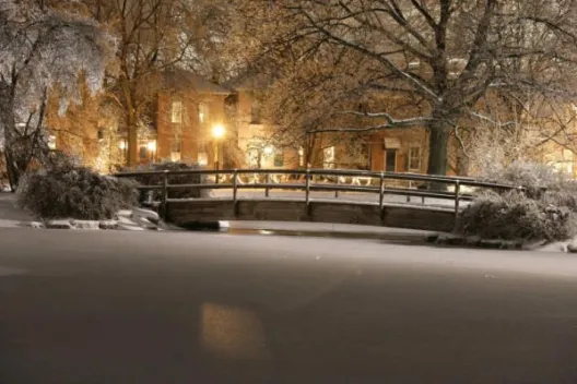 Schiller Park winter ice and snow on bridge and pond and trees