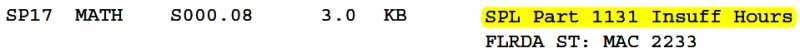 Transfer Credit "SPL Part xxxx Insufficient Hours"