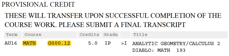 Math Transfer Credit - Provisional Credit
